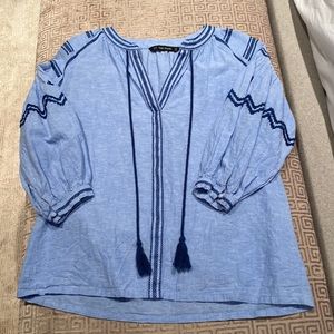 Zara blue linen embroidered tunic top size XS